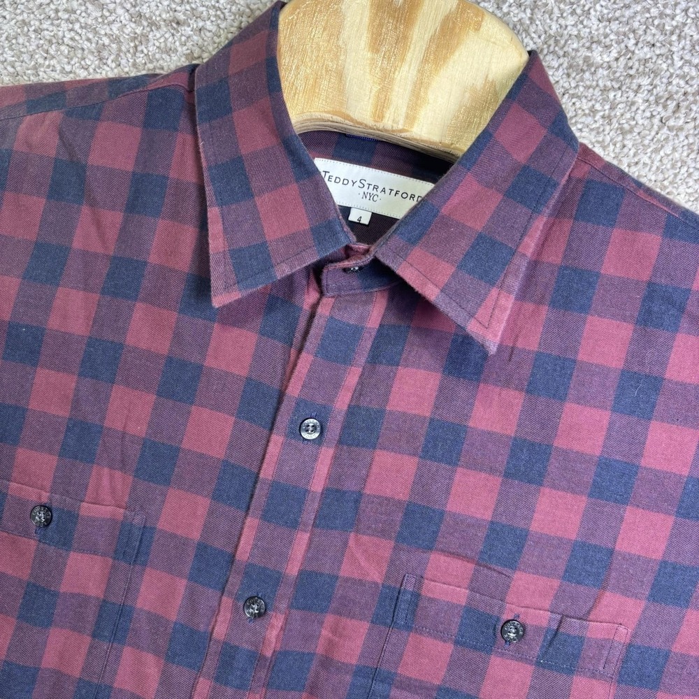 Teddy Stratford Shirt Mens Medium Red Plaid Long Sleeve Button Up Cotton Slim